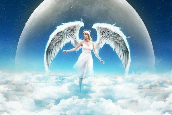 Angel girl soars in the clouds