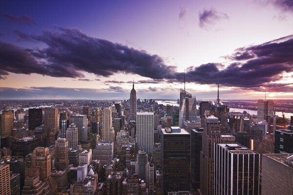 Evening view of high-rise buildings in the USA