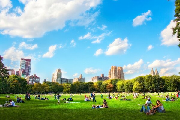 Un parque lleno de gente en nueva York en verano