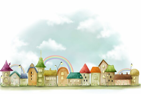 Disegno di edifici, lanterne e arcobaleni in città
