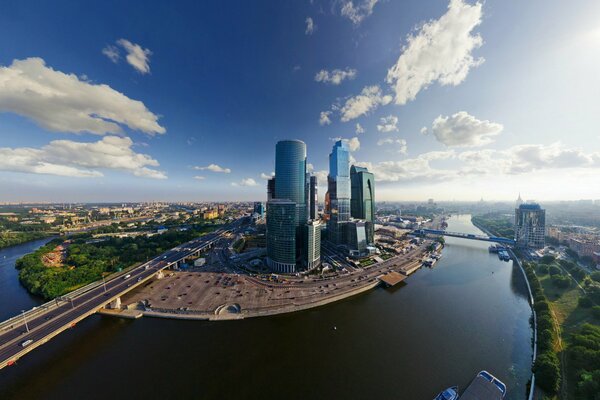 Moscow City near the river bridge beautiful view