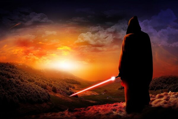 Anakin steht und blickt auf den Sonnenuntergang und hält ein Lichtschwert in seinen Händen