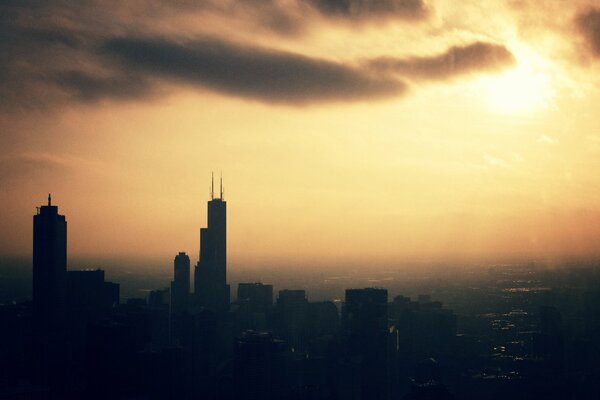 Wallpaper with buildings. Evening metropolis with buildings