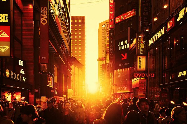 Coucher de soleil sur une rue bondée de Chine