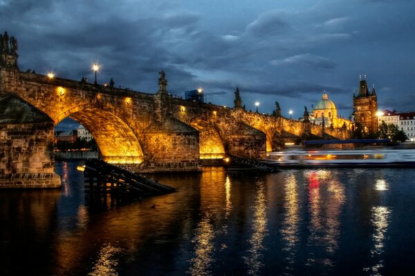 Prague at night with bridge lights