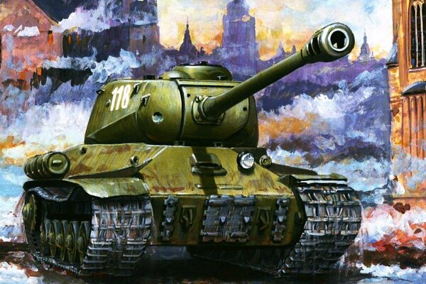 A painted tank on the background of the city