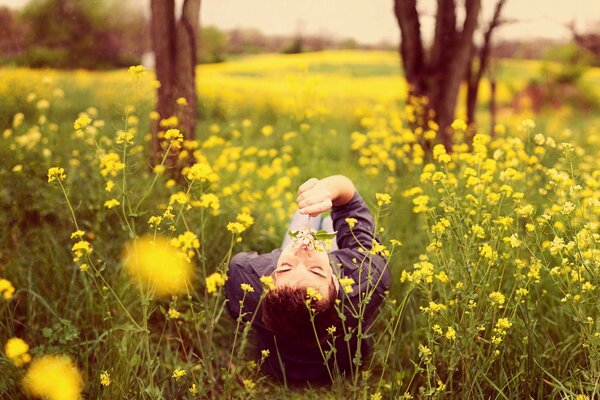 Ragazzo sul campo tra i fiori gialli
