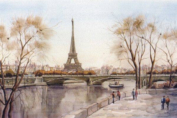 Drawing of the city of Paris Eiffel Tower