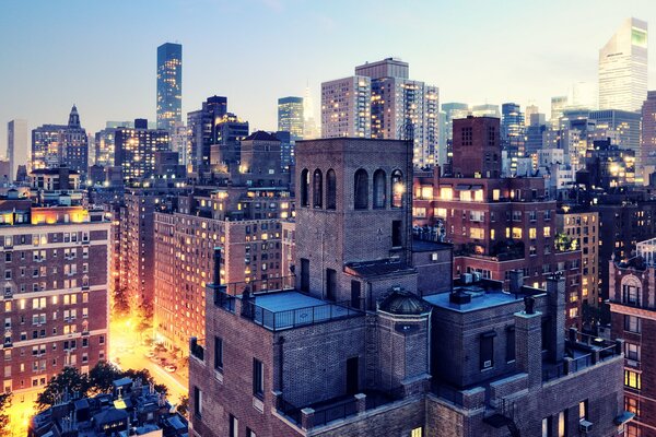 The lights of the skyscrapers of evening New York