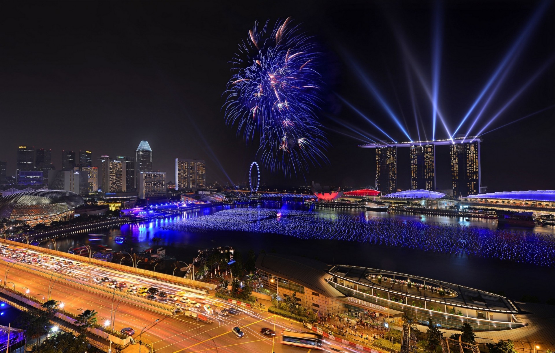 metropolis night new year singapore holiday fireworks town water marina bay sands 2014