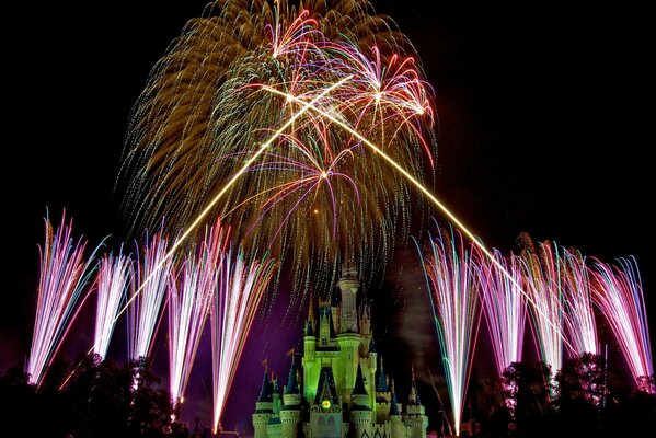 Fiesta con hermosos fuegos artificiales por la noche