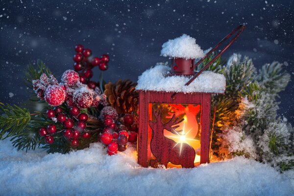 Lanterna di Natale con renna e ramo di abete rosso sulla neve