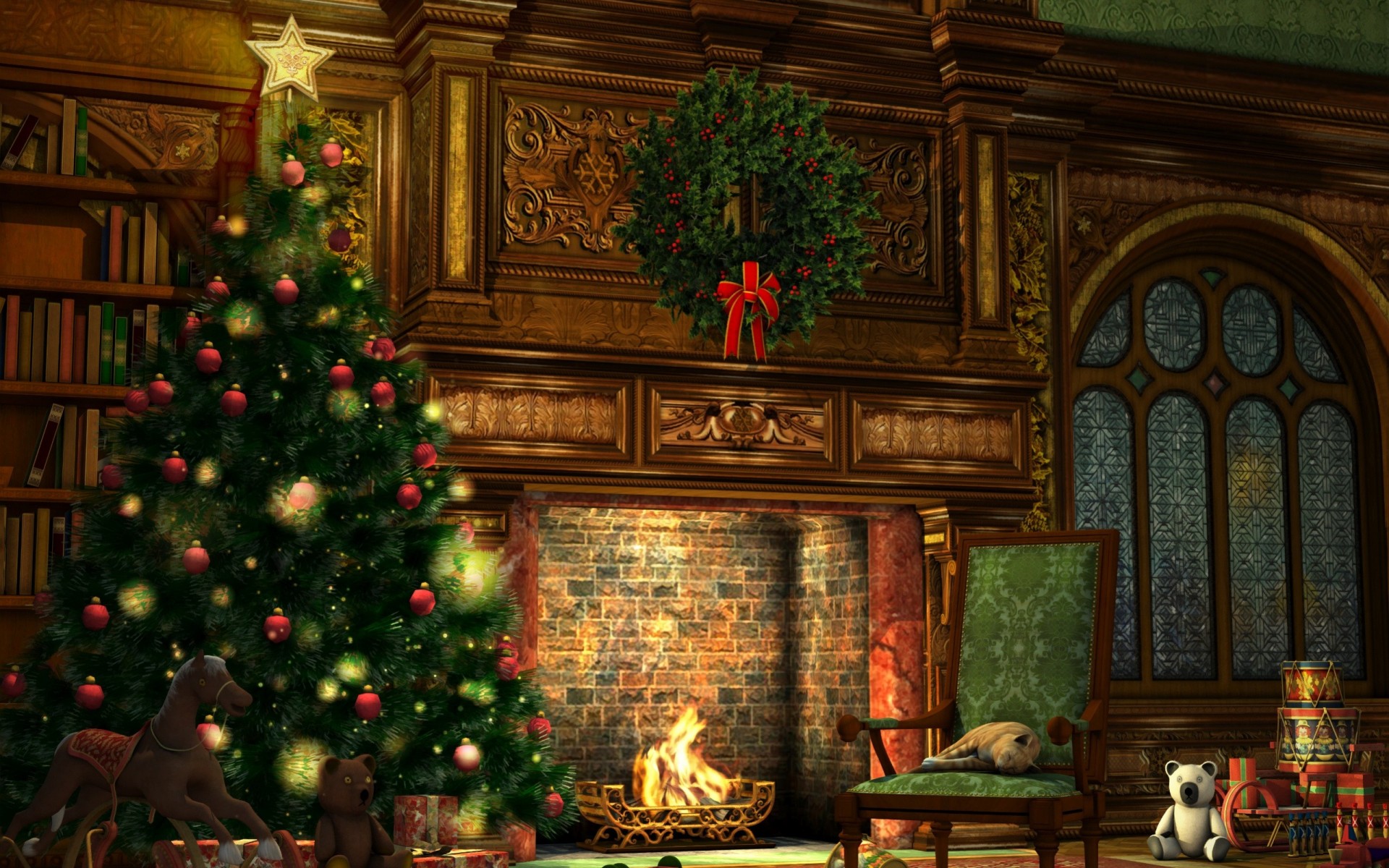 christmas tree art new year fireplace