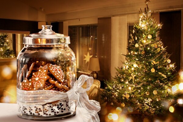 Christmas tree and sweets in a jar