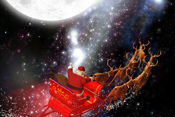 Santa Claus is flying on a sleigh