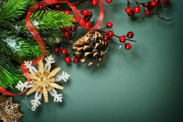 Christmas green background with Christmas tree branches and red ribbon