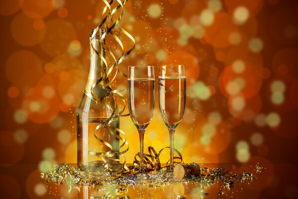 Праздник новый год, шампанское, блестки
