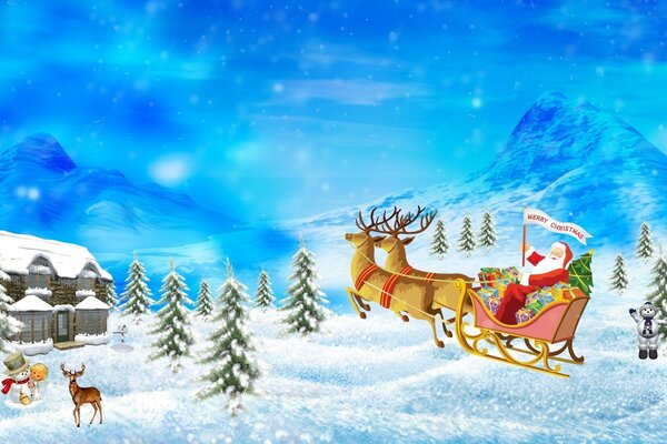 Santa Claus on a reindeer sled