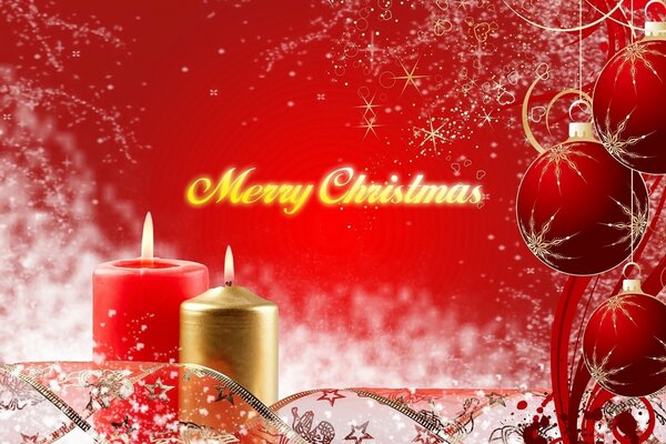 Merry Christmas inscription on a red background with snow and candles