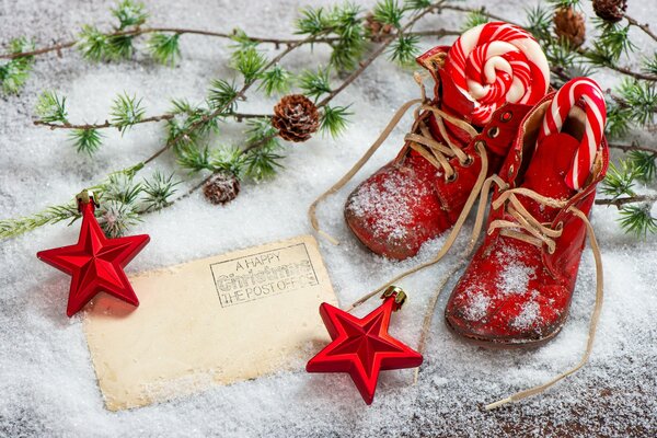 Red shoes on white snow