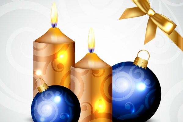 Christmas background with candles and blue Christmas balls