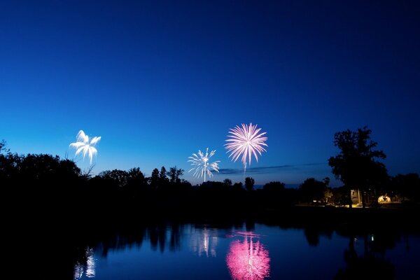 Feux d artifice de nuit sur la rivière