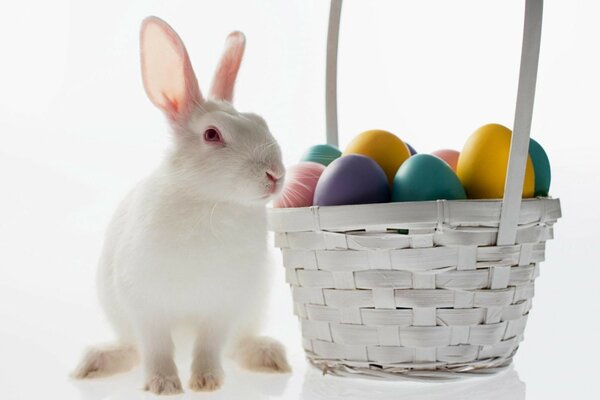 Conejo y huevos de Pascua en la cesta