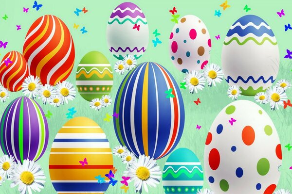 Uova di Pasqua colorate e margherite