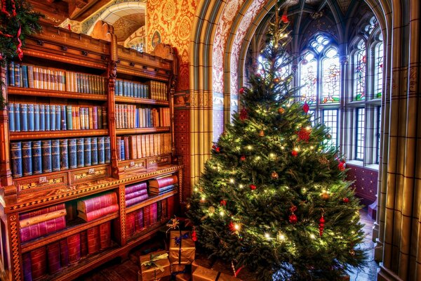 Belle arbre de Noël à la bibliothèque