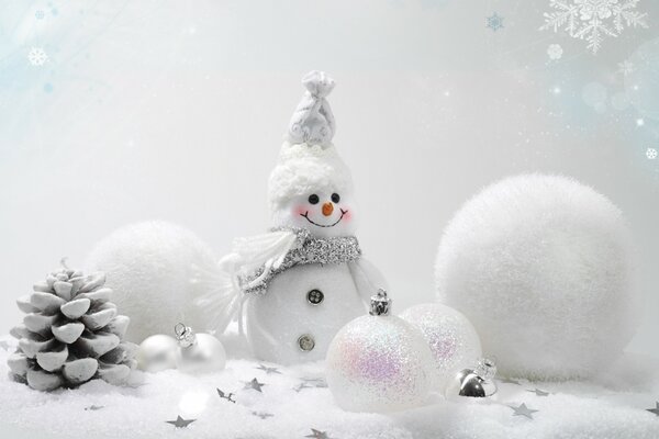 A toy snowman next to white Christmas balls