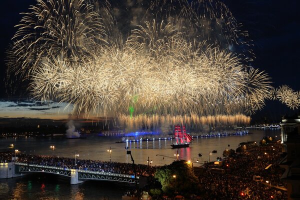 Salute in honor of the scarlet sails in St. Petersburg