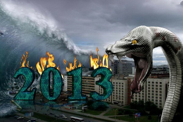 A tsunami covers a burning city and nearby a huge snake and 2013
