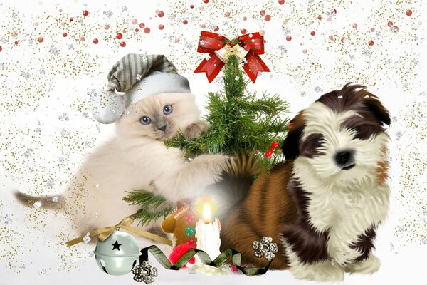 Gato y perro con árbol de Navidad