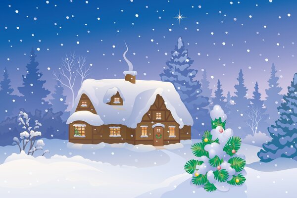 Maison dans la neige dans la clairière et arbre de Noël en jouets