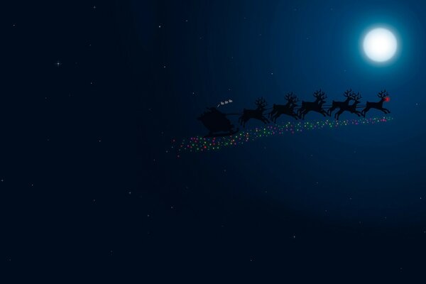 Père Noël volant sur les Rennes dans le ciel nocturne éclairé par la lune