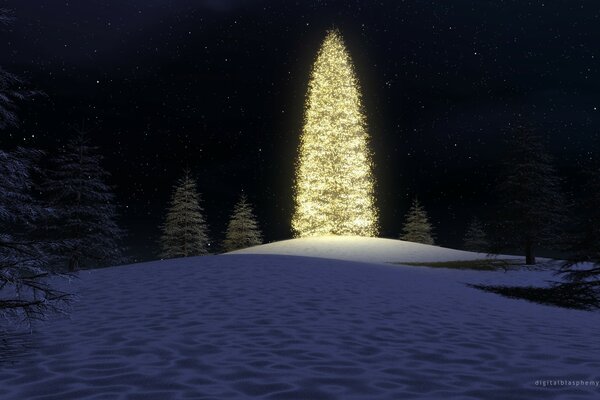 Fir forest against the background of the starry sky illuminated Christmas tree on a snow-covered hill