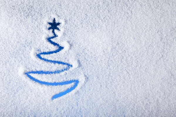 Schematic drawing of a Christmas tree with a star in the snow