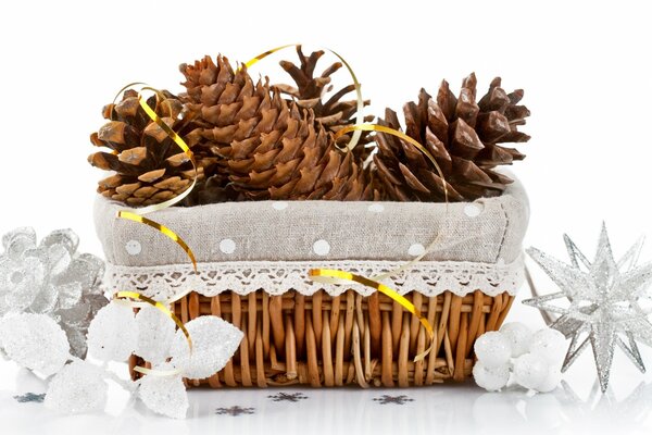 Fir cones in a wicker basket