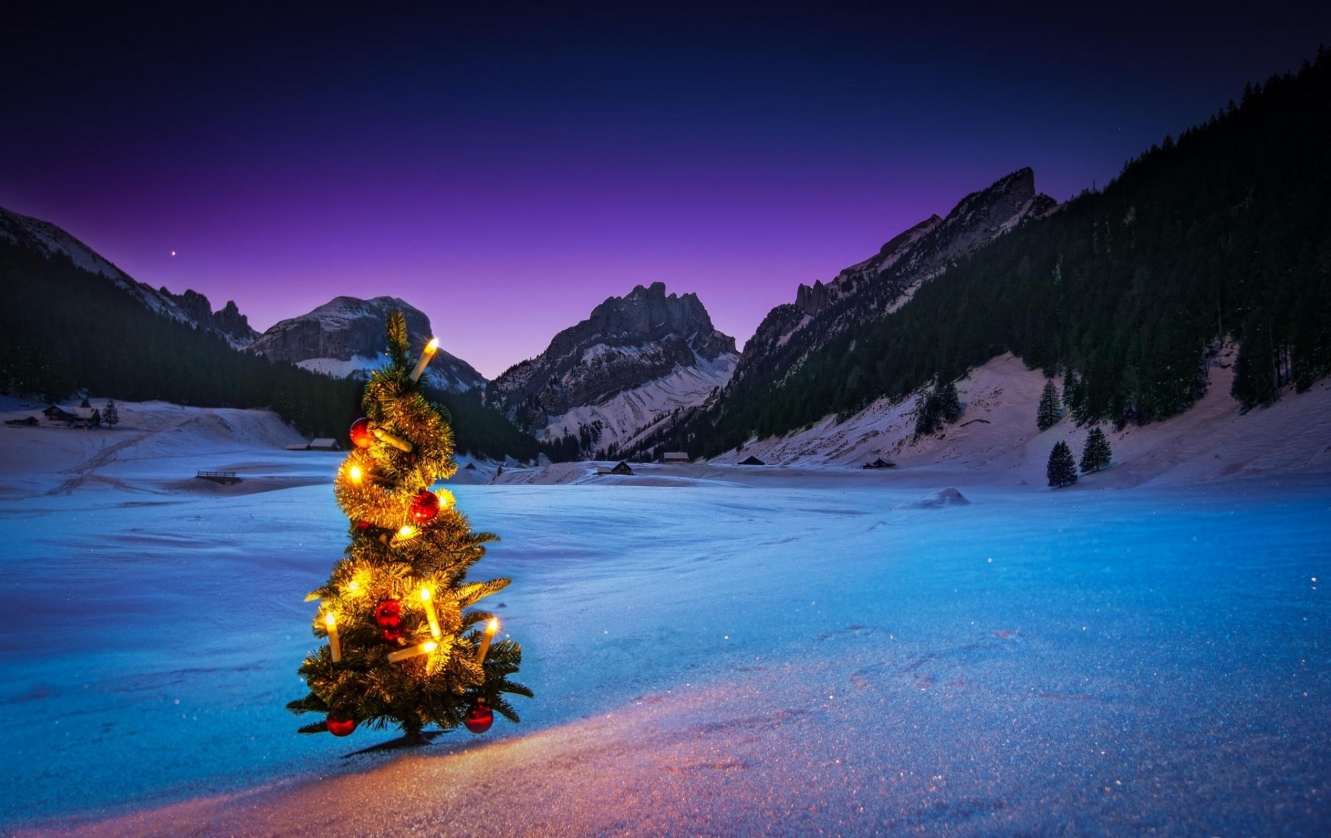 arbre de noël nuit nouvel an gerlanda neige montagnes hiver