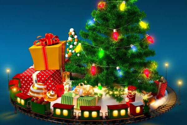 Toy train around the Christmas tree