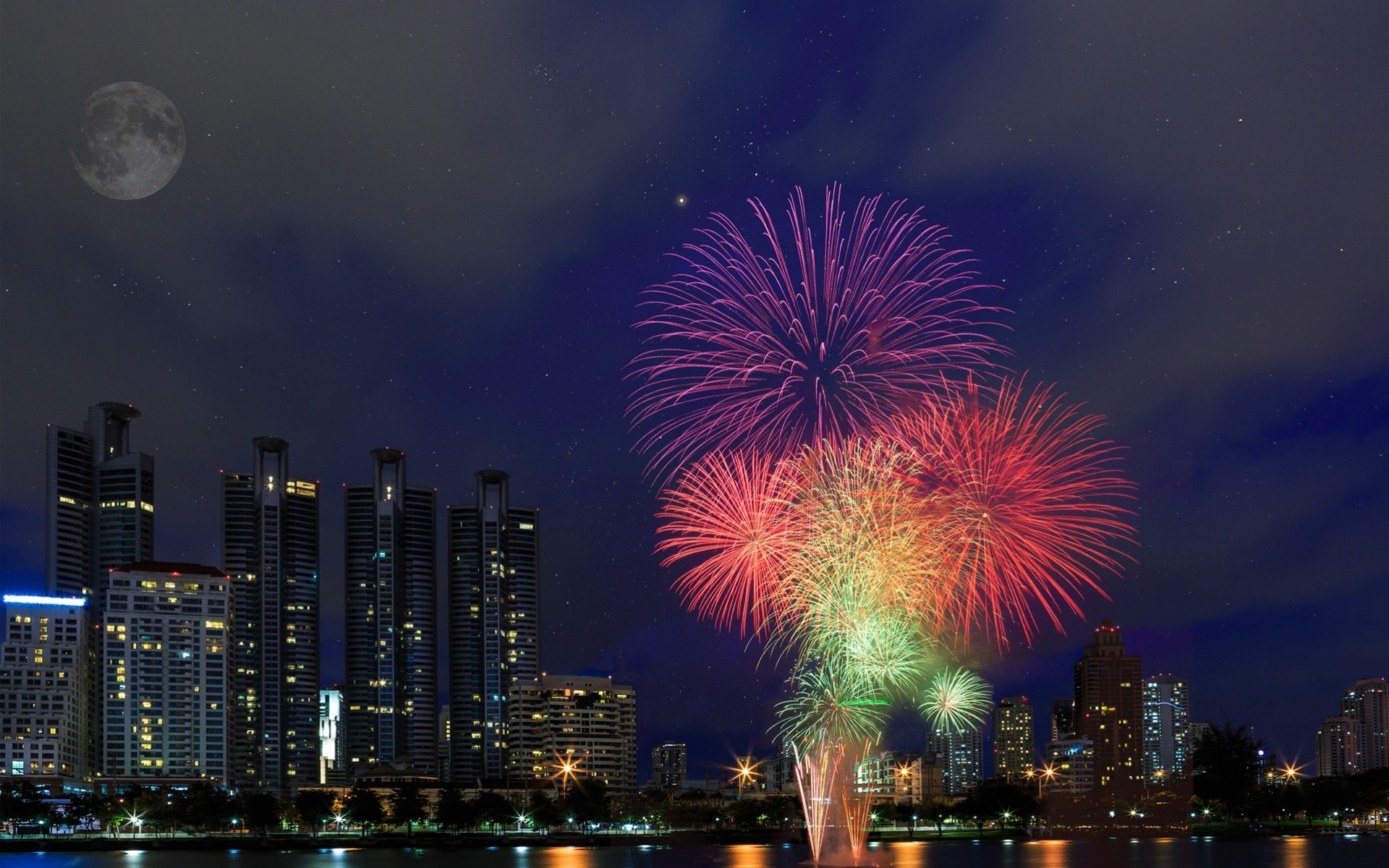 lichter nacht fluss feuerwerk urlaub stadt mond