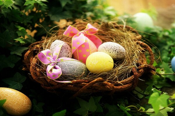 A small basket with Easter eggs