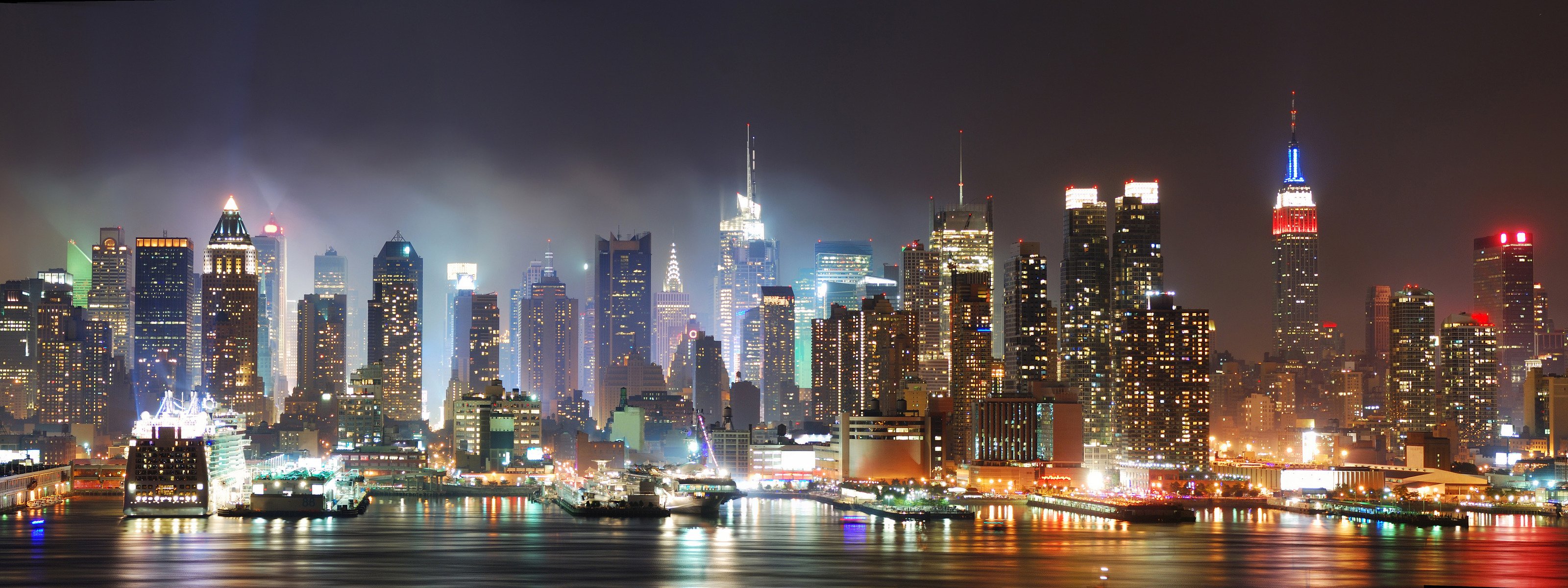 3200x1200 new york city america states houses water ocean sea lights light sky new york united states of america usa night photo