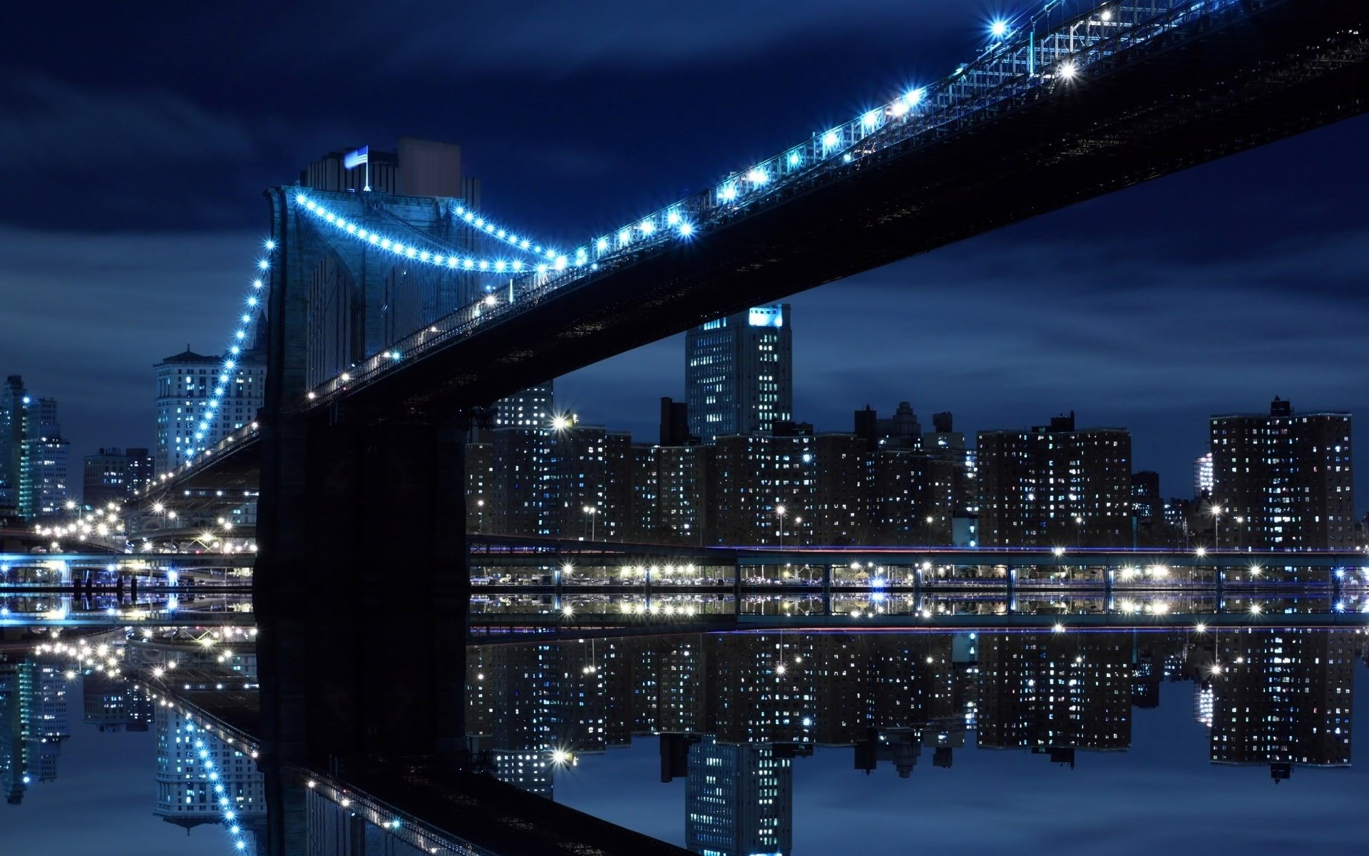 nuit lumières pont eau réflexion maisons