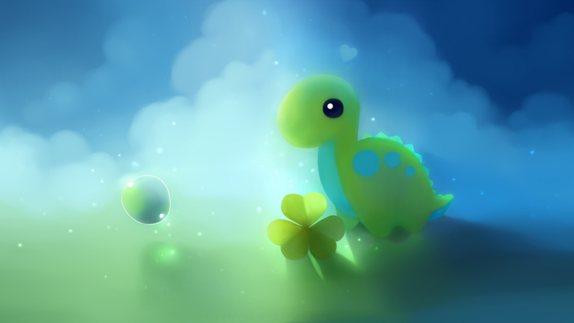 dinosaur bubble clover blue clouds green