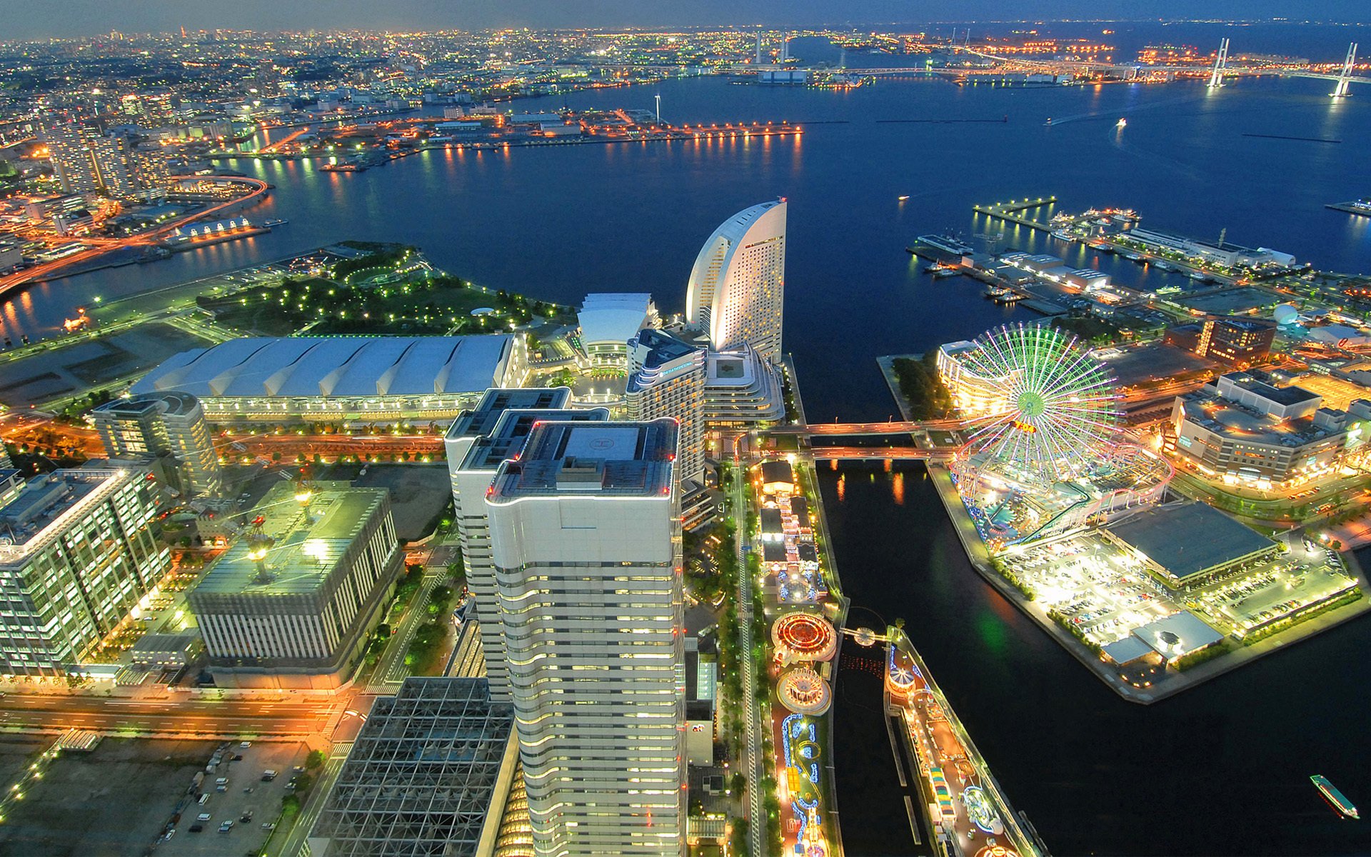 japón puerto ciudad noche luces mar