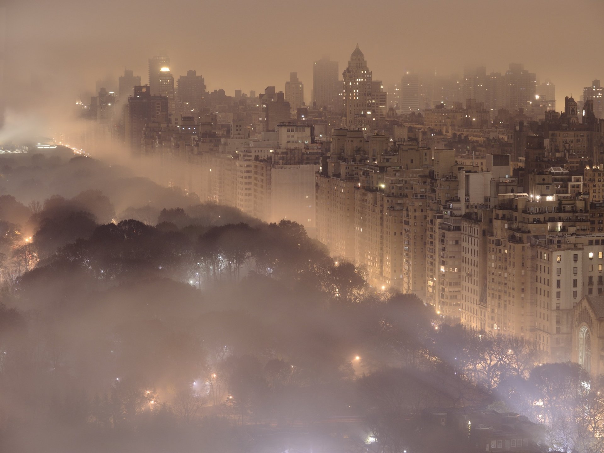 cities landscape new york town night lights fog central park building