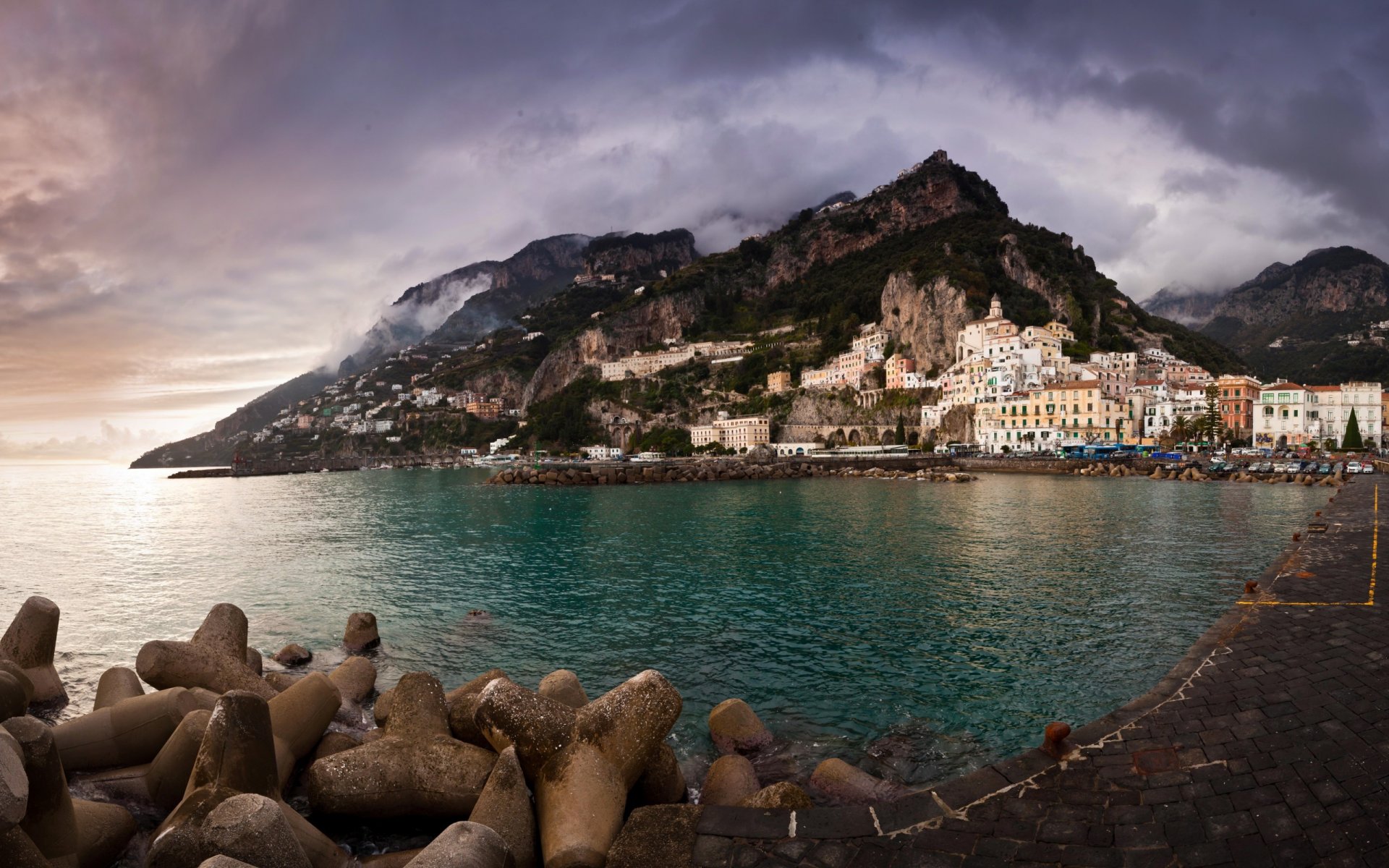 costa amalfi costa de amalfi italia mar montañas cielo casas edificios fondo fondo de pantalla