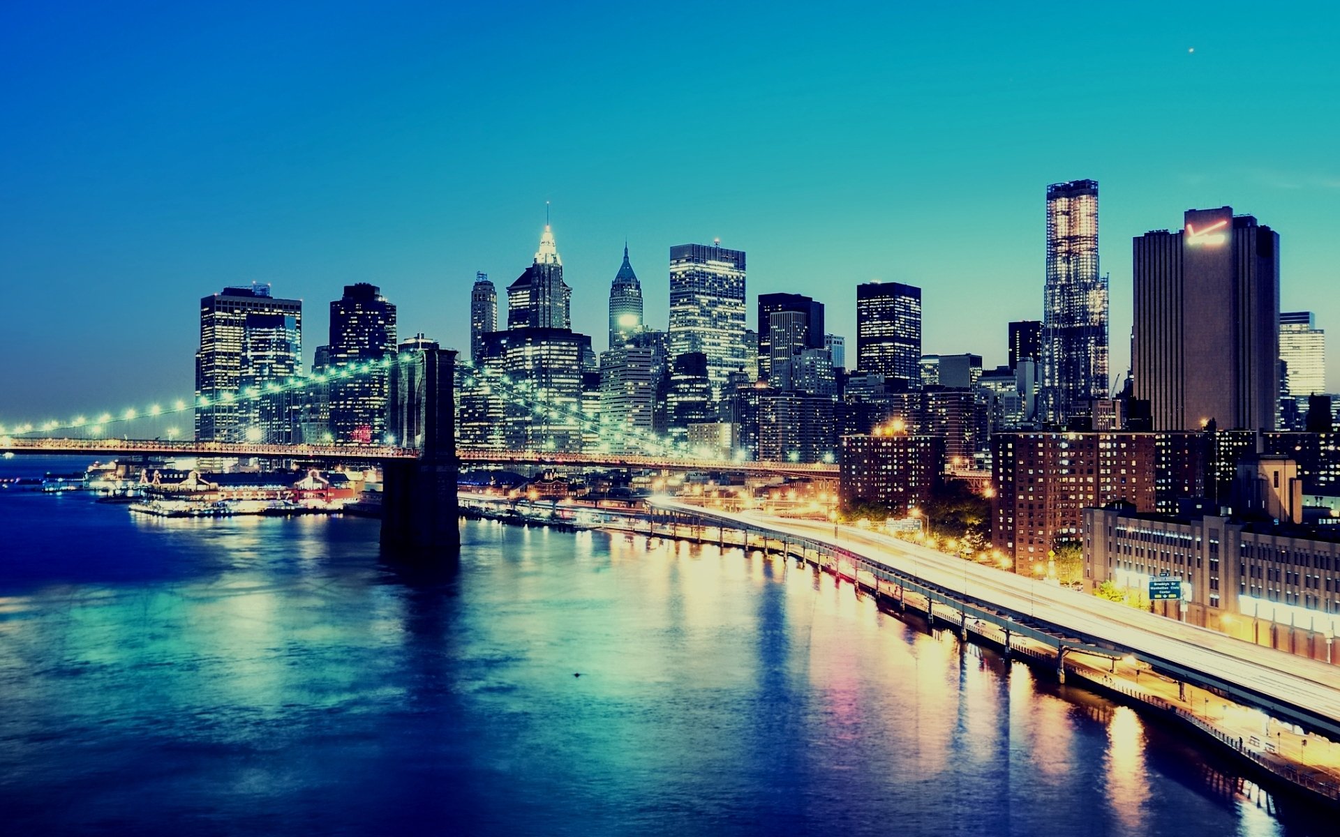 nacht stadt lichter gebäude wolkenkratzer new york lower manhattan gebäude brücke manhattan bridge hintergrund tapete