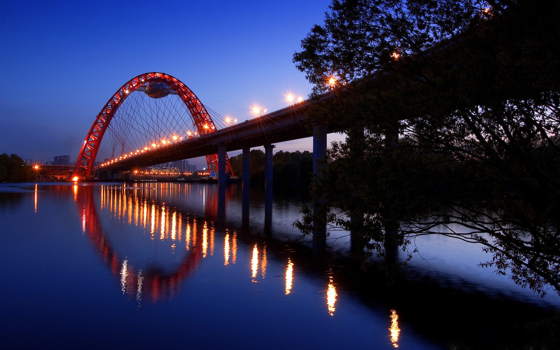 landscape cities sky night bridges light lights road lighting tree water river view trees river photo